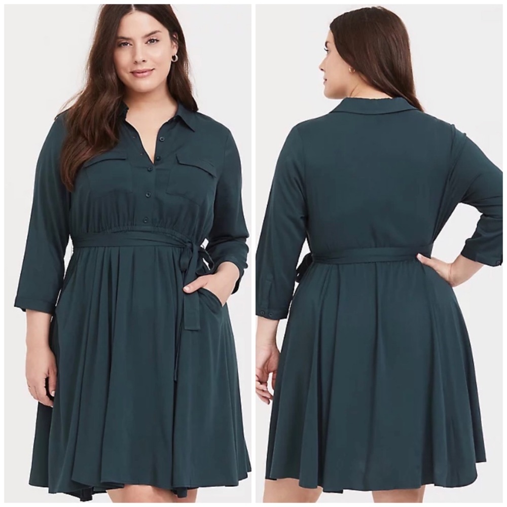 Torrid Green Challis Button Down Shirt Dress